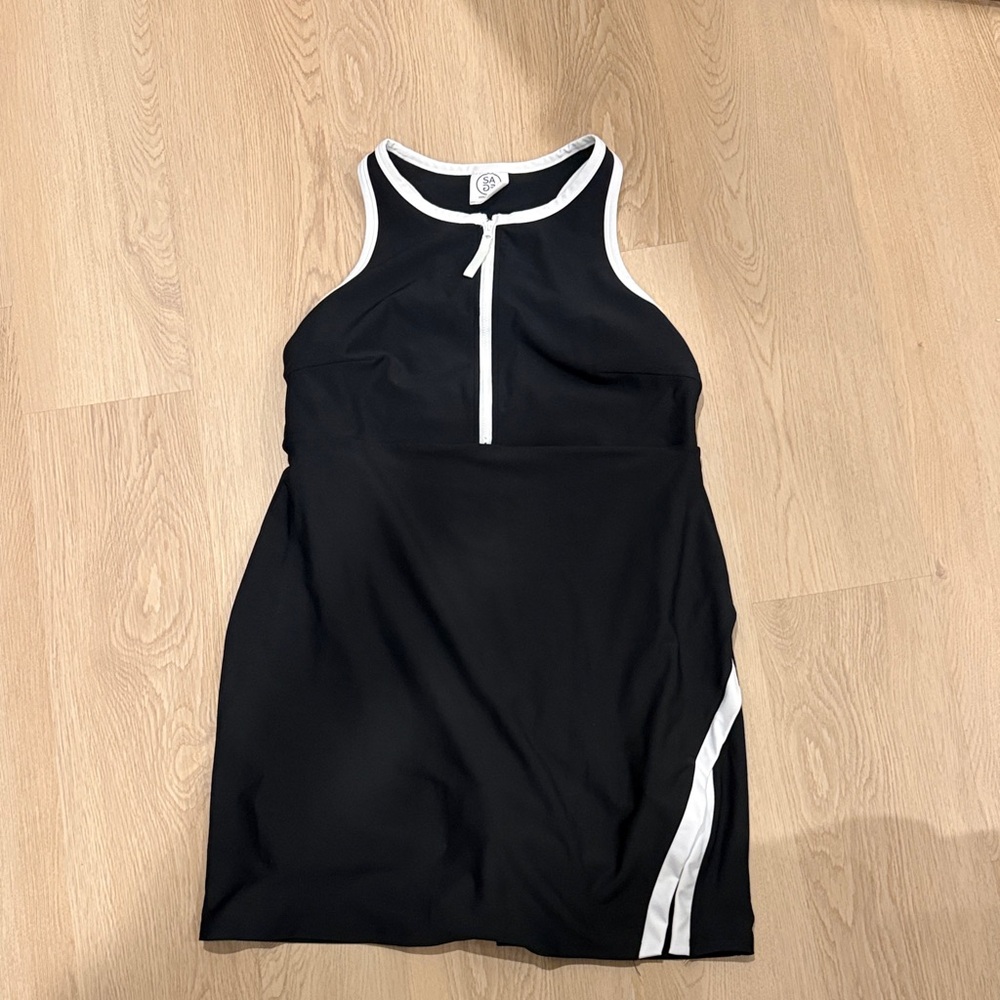 Sage Black Dress with White Trim and Front Zip